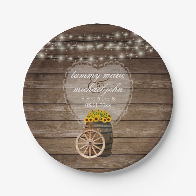 Rustic Wood Barrel Wedding with Sunflowers Paper Plates (Front)