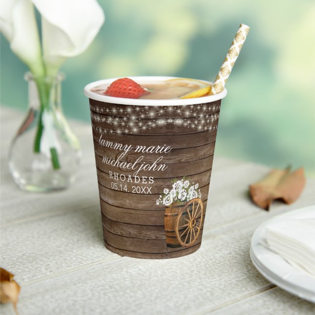 Rustic Wood Barrel Wedding with White Flowers  Paper Cups (Insitu)