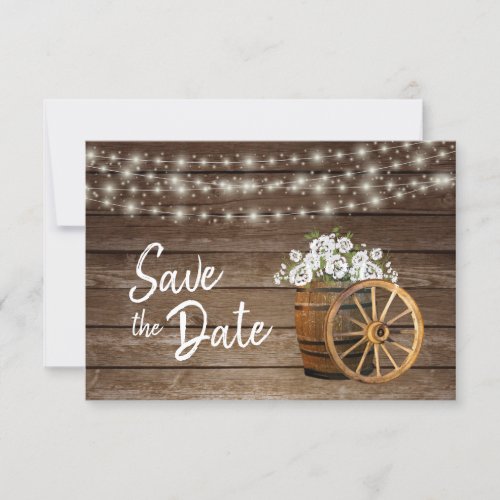 Rustic Wood Barrel White Flowers _ Save The Date