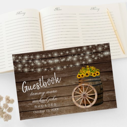 Rustic Wood Barrel  with Sunflowers Guestbook