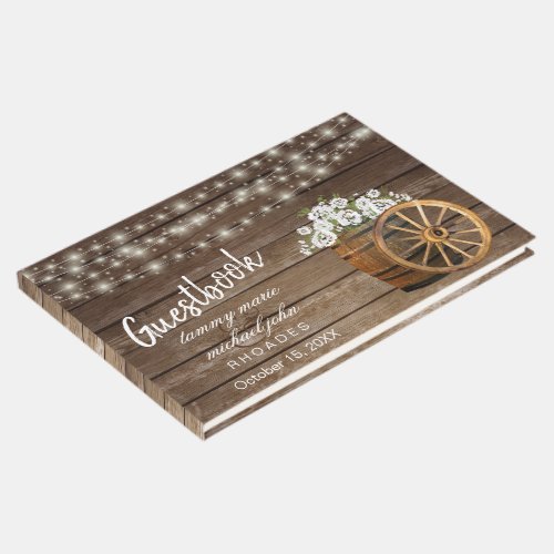 Rustic Wood Barrel  with White Flowers Guestbook
