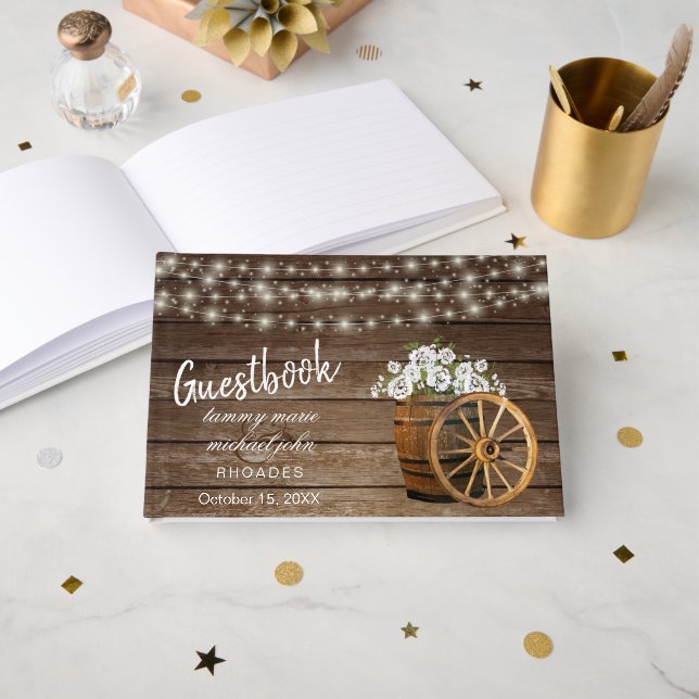 Rustic Wood Barrel  with White Flowers Guestbook (Front Open)