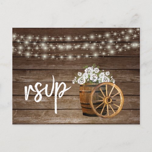 Rustic Wood Barrel with White Flowers _ RSVP Invitation Postcard