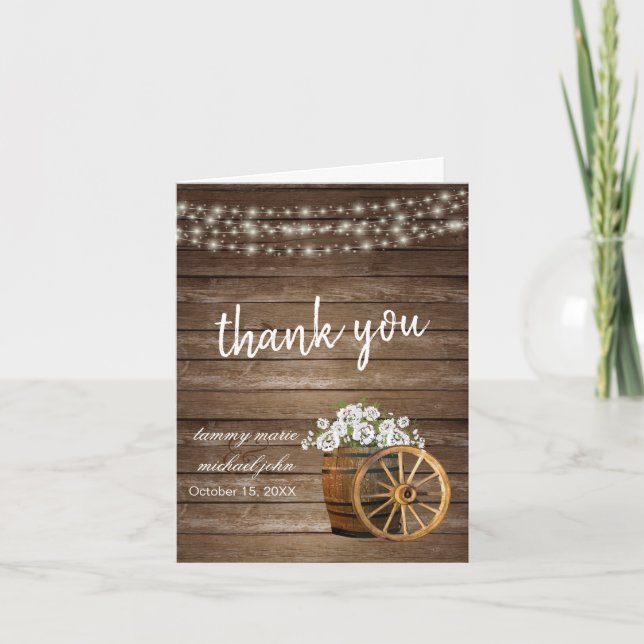 Rustic Wood Barrel with White  Flowers Thank You Card (Front)