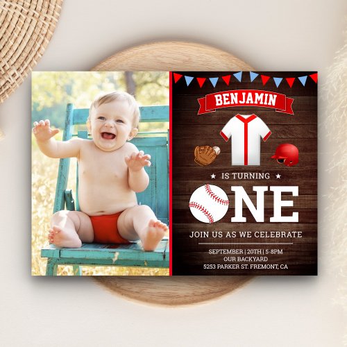 Rustic Wood Baseball First Birthday Party Photo Invitation