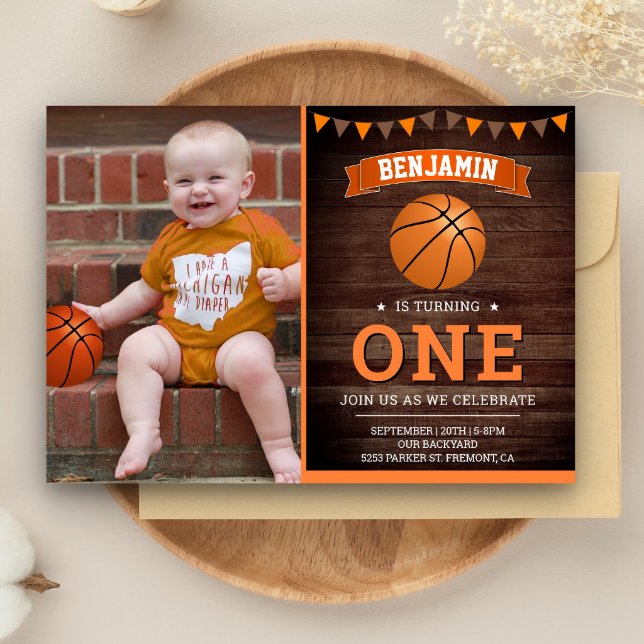 Rustic Wood Basketball First Birthday Party Photo Invitation