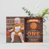Rustic Wood Basketball First Birthday Party Photo Invitation (Standing Front)