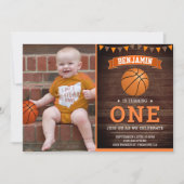 Rustic Wood Basketball First Birthday Party Photo Invitation (Front)