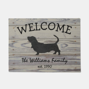 Rustic Wood Basset Hound Watercolor Silhouette Doormat
