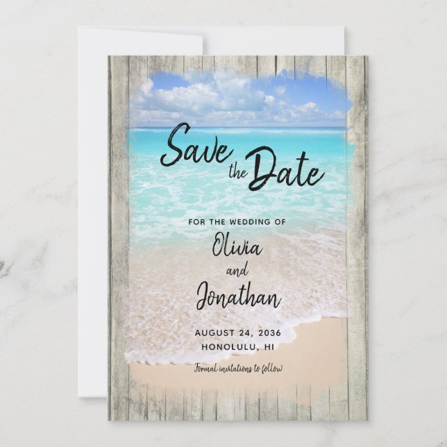 Rustic Wood Beach Aqua Blue Ocean Wedding  Save The Date (Front)