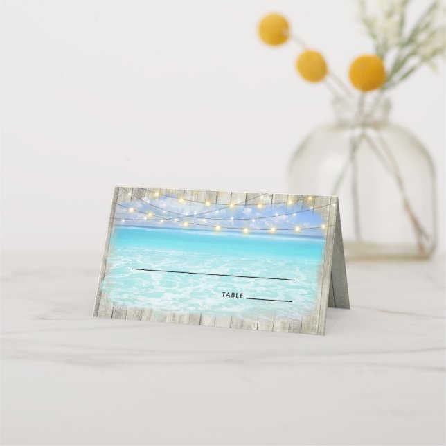 Rustic Wood Beach Coastal String Lights Wedding Place Card (Front)