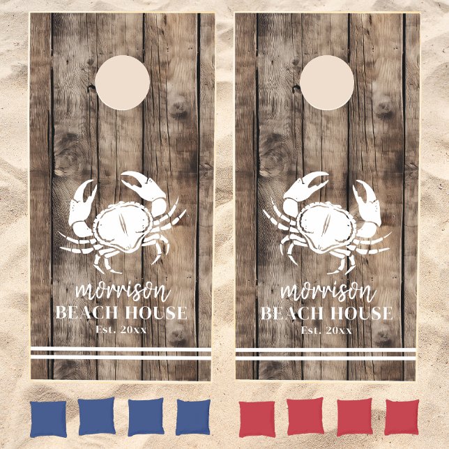  Rustic Wood Beach House Family Name Cornhole Set (Coastal Crab Rustic Wood Beach House Family Name Cornhole Set)