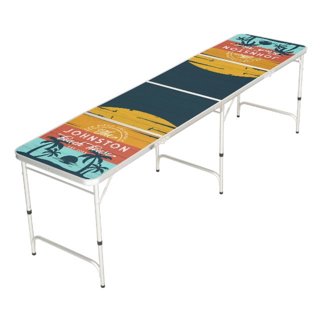 Rustic Wood Beach House Family Name Retro Sunset Beer Pong Table (Angled)