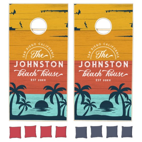 Rustic Wood Beach House Family Name Retro Sunset Cornhole Set