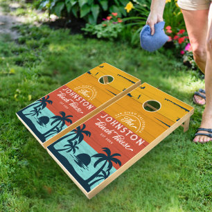 Rustic Wood Beach House Family Name Retro Sunset Cornhole Set