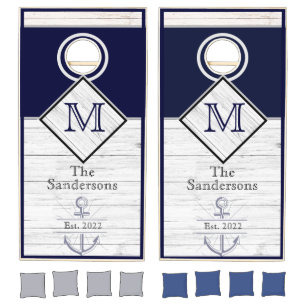 Rustic Wood Beach House Lake House Navy Blue Cornhole Set
