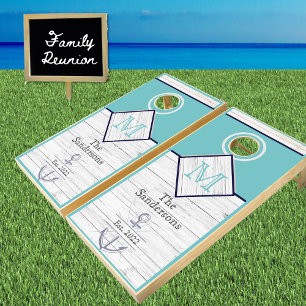 Rustic Wood Beach House Lake House TealNavy Blue Cornhole Set