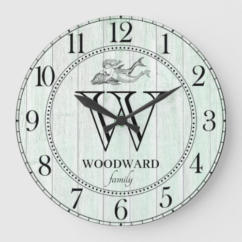 Rustic Wood Beach Lake House Family Name Mermaid Large Clock