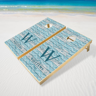 Rustic Wood Beach Nautical Chevron Family Name Cornhole Set