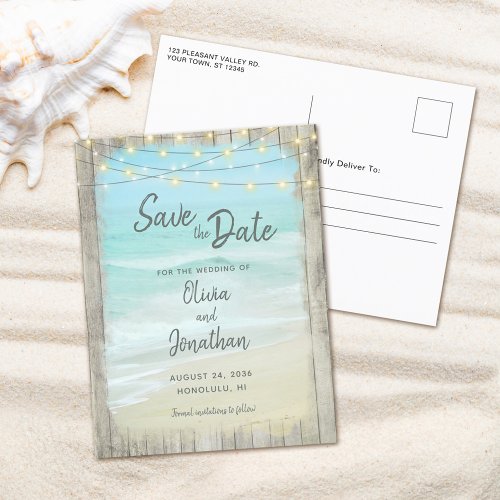 Rustic Wood Beach Ocean Wedding String Lights Save Announcement Postcard