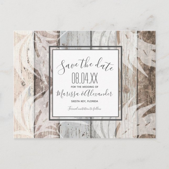 Rustic Wood Beach Palm Tree Save the Dates Announcement Postcard (Front)