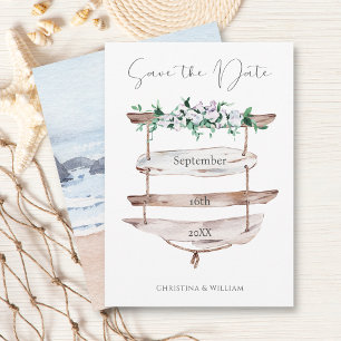 Rustic Wood Beach Sign Watercolor Floral Save The Date