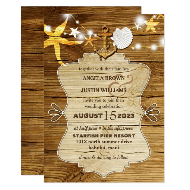 Rustic Wood Beach Starfish Nautical Wedding Invitation