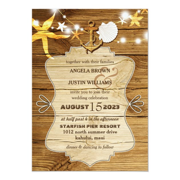 Rustic Wood Beach Starfish Nautical Wedding Invitation