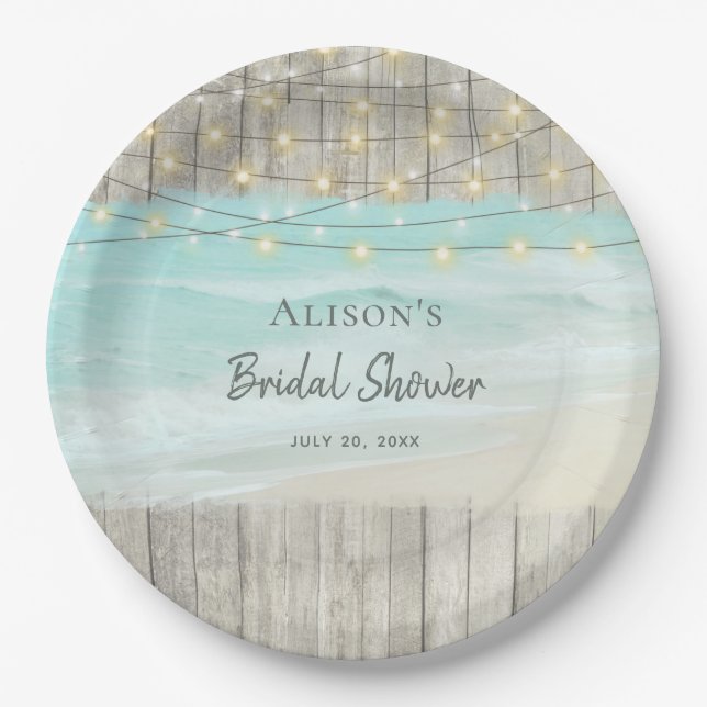 Rustic Wood Beach String Lights Bridal Shower Paper Plates (Front)