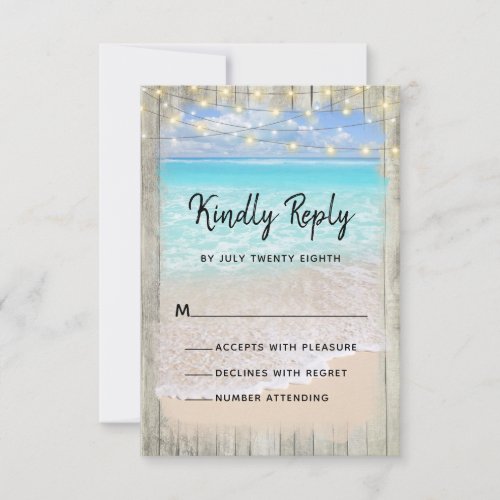Rustic Wood Beach String Lights Coastal Wedding RSVP Card