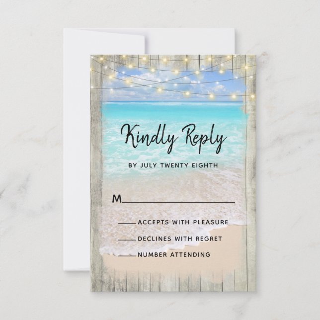 Rustic Wood Beach String Lights Coastal Wedding RSVP Card (Front)