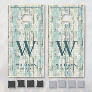 Rustic Wood Beach Vacation Nautical Family Name Cornhole Set