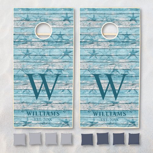 Rustic Wood Beach Vacation Nautical Family Name Cornhole Set