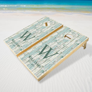 Rustic Wood Beach Vacation Nautical Family Name Cornhole Set