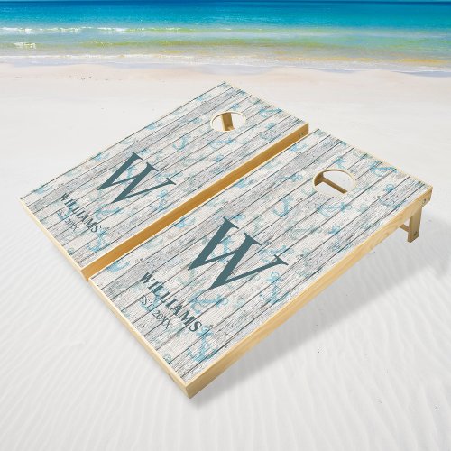 Rustic Wood Beach Vacation Nautical Family Name Cornhole Set