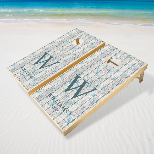 Rustic Wood Beach Vacation Nautical Family Name Cornhole Set (Creator Uploaded)