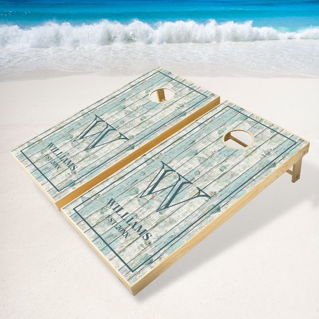 Rustic Wood Beach Vacation Nautical Family Name Cornhole Set (Creator Uploaded)