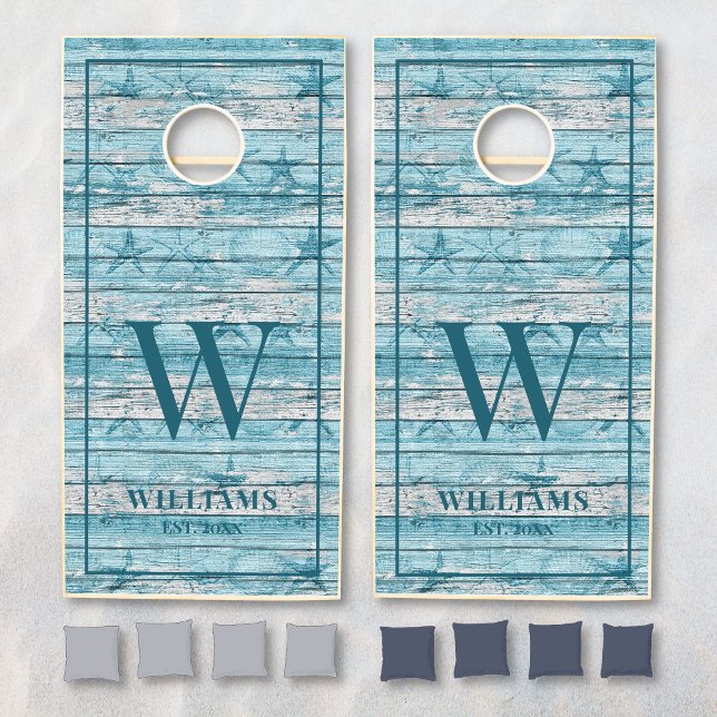 Rustic Wood Beach Vacation Nautical Family Name Cornhole Set (Creator Uploaded)
