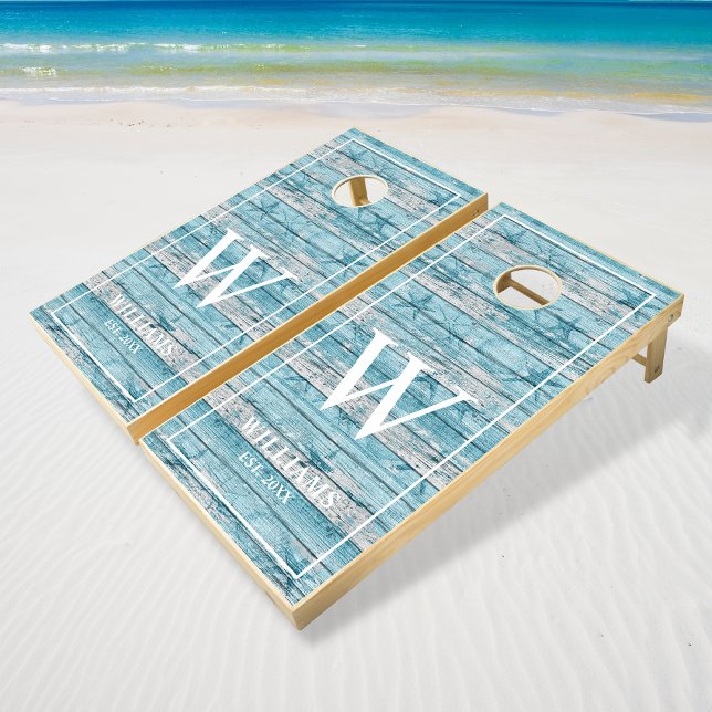 Rustic Wood Beach Vacation Nautical Family Name Cornhole Set (Creator Uploaded)