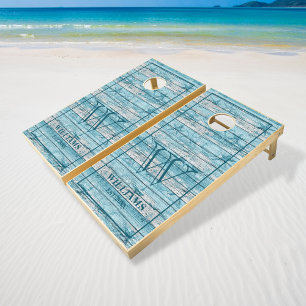 Rustic Wood Beach Vacation Nautical Family Name Cornhole Set
