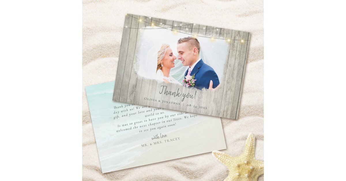 Rustic Wood Beach Wedding Photo Thank You Card | Zazzle