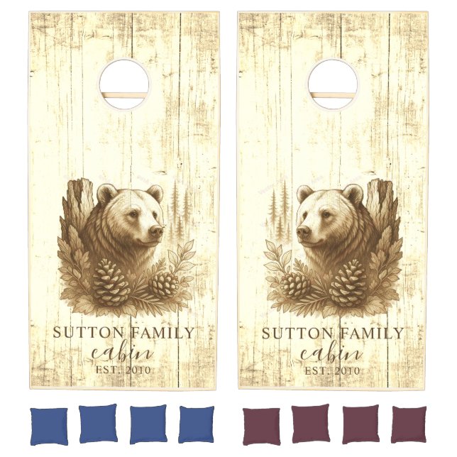 Rustic Wood Bear Family Name Cornhole Set (Set)