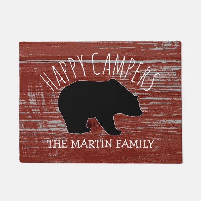 Rustic Wood Bear Family Name | Happy Campers Doormat (Front)