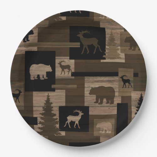 Rustic wood bear moose pattern paper plates