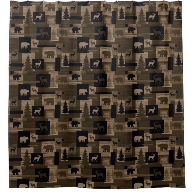 Rustic wood bear moose pattern shower curtain (Front)