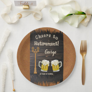 Rustic Wood & Beer & Leather Happy Retirement Paper Plates