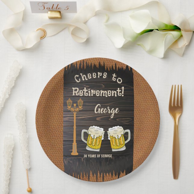 Rustic Wood & Beer & Leather Happy Retirement Paper Plates (Wedding)
