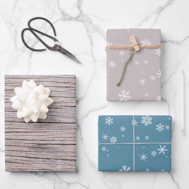 Rustic Wood Beige Blue Snowflake Pattern Christmas Wrapping Paper Sheets (Front)