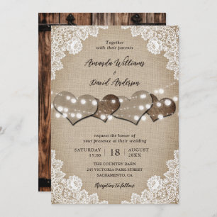 Rustic Wood Beige Burlap White Floral Lace Wedding Invitation