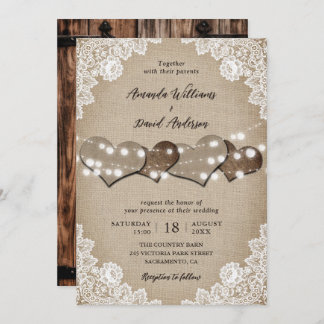 Rustic Wood Beige Burlap White Floral Lace Wedding Invitation